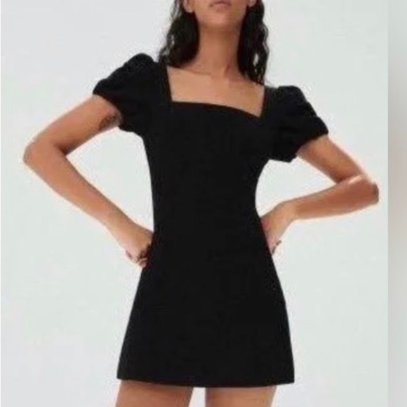 ZARA Linen Blend Puff Sleeve Tie Open Back Mini Dress Black Medium - Picture 2 of 5